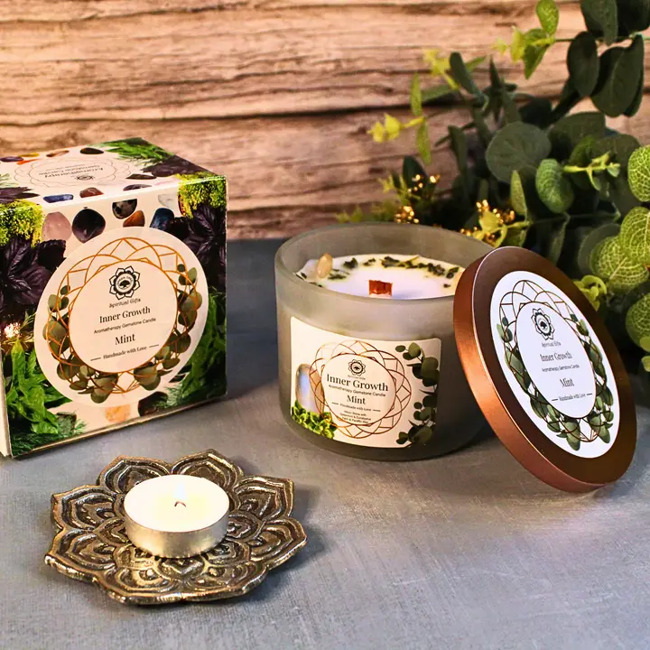 Green Tree Geurkaars Inner growth (256g)  Munt met Maansteen